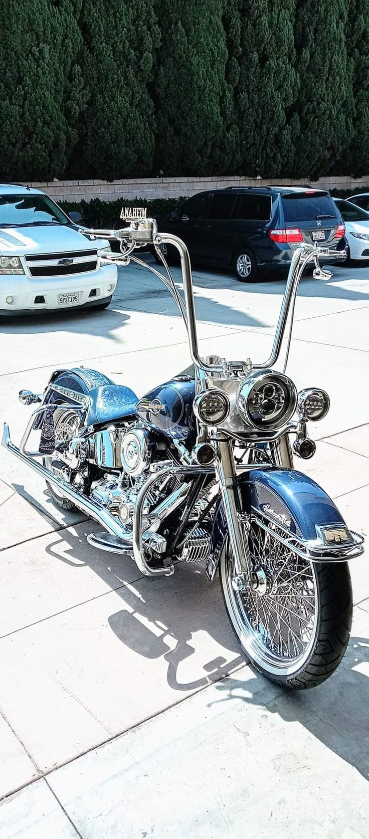 a blue motorcycle parked on the side of a road next to other cars and trees