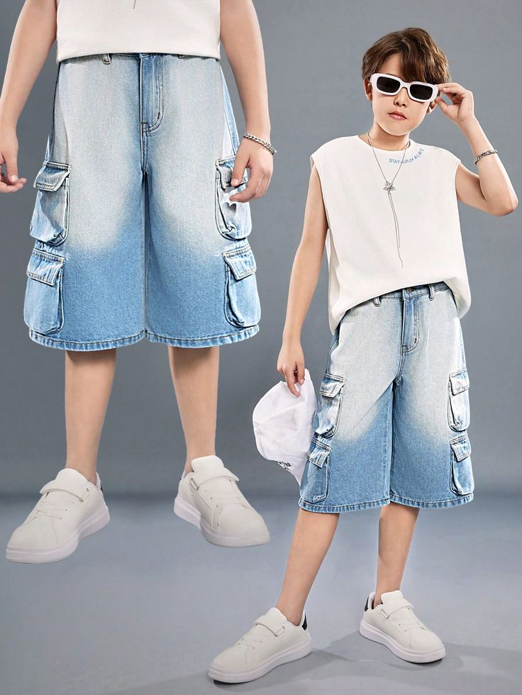 Lavagem clara  Collar  Jeans Simples Perna reta Embellished Não elástico Boys Denim Jeans, Boys Denim Shorts, Casual Denim Jeans, Casual Denim Shorts, Summer Shorts Denim, Boys Denim, Summer Denim, Boys Summer Outfits, Blue Denim Shorts