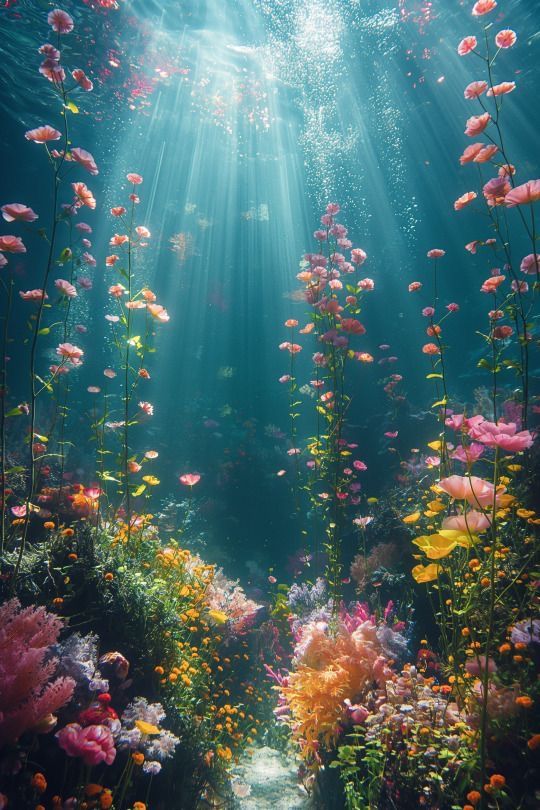 an underwater scene with flowers and plants in the foreground, sunlight streaming through the water