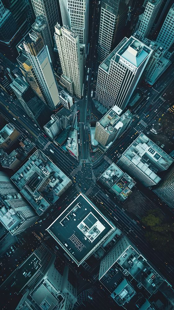 an aerial view of a city at night with lots of tall buildings and traffic lights