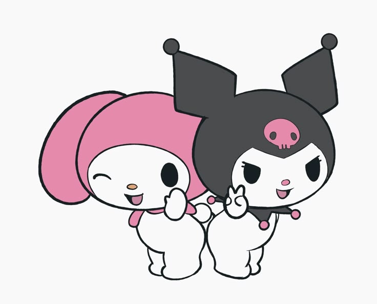 two cartoon characters with black and pink hair, one holding the other's hand