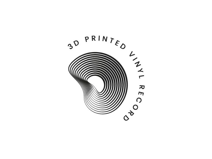 the 3d printed vinyl logo is shown in black and white, with an abstract spiral design