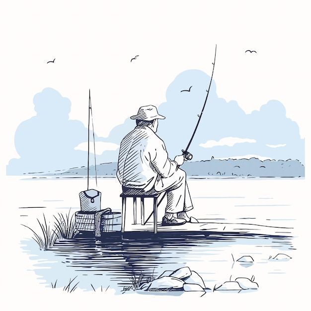 a man sitting on a dock fishing