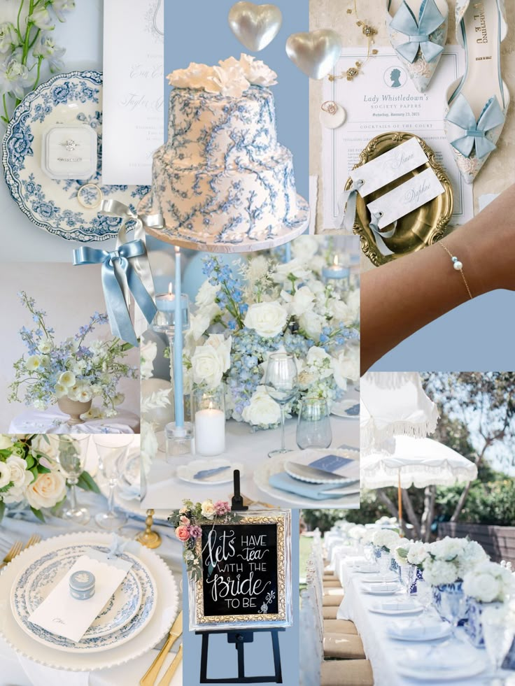 a collage of photos with blue and white decor on it, including a cake