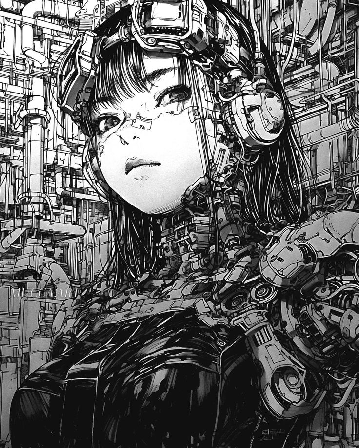 a black and white drawing of a woman with futuristic gadgets on her head in front of a cityscape