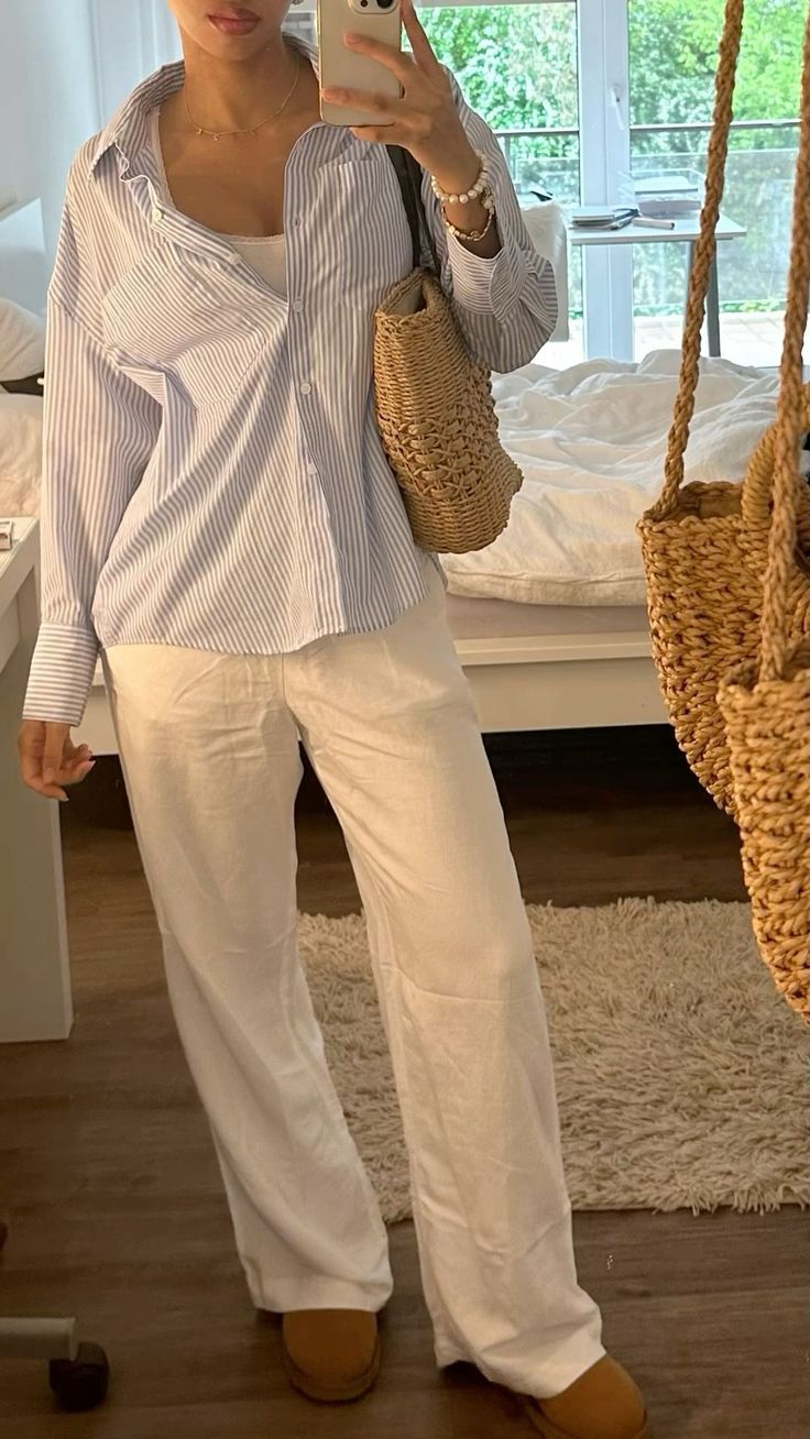 Clean White Outfit, Blue And White Striped Linen Shirt Outfit, All White Outfit Work, Linen Pants Outfit Stockholm, Linen Trousers Outfit Spring, Womens Beige Pants Outfits, White Shirt Boots Outfit, Lined Pants Outfits, Linen Pants White Outfit