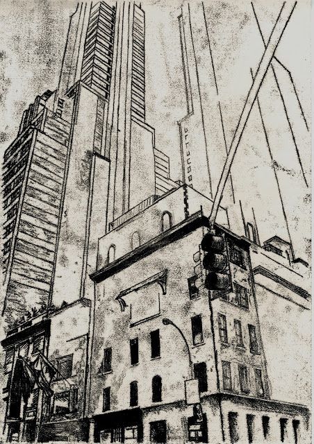 an ink drawing of a tall building in the city