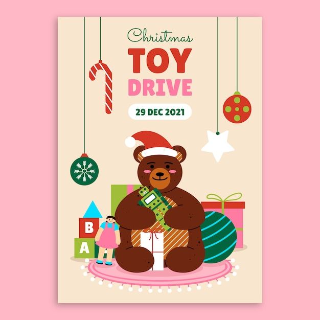 a christmas card with a teddy bear holding a present