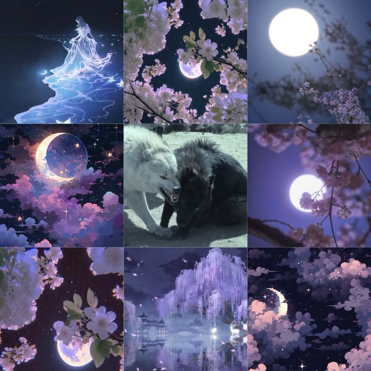 a collage of photos with the moon and flowers