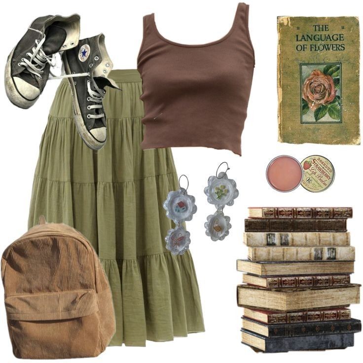 Brow Outfits Aesthetic, Fairycore Everyday Outfit, Green Earthy Outfit, Earthy Grunge Outfits Summer, Earthcore Outfits Summer, Green Grunge Aesthetic Outfits, Earthy Spring Outfits, Green Skirt Outfit Ideas, Summer Witch Outfits