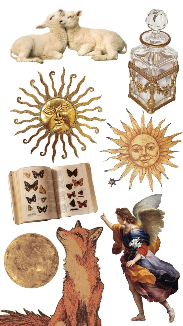 an image of various items that are in the shape of animals and sunbursts