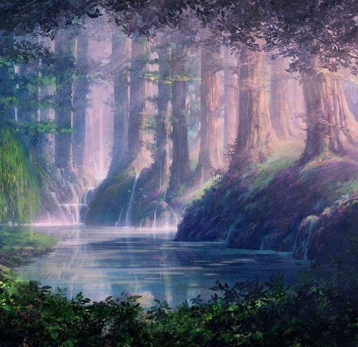 a painting of a waterfall in the middle of a forest filled with lots of trees