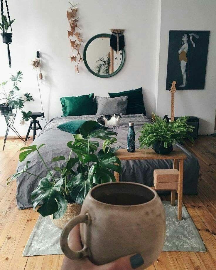 a person holding a coffee cup in front of a bed with plants on the floor