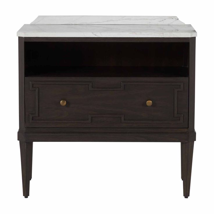 an end table with marble top and drawers on the bottom, in dark brown finish