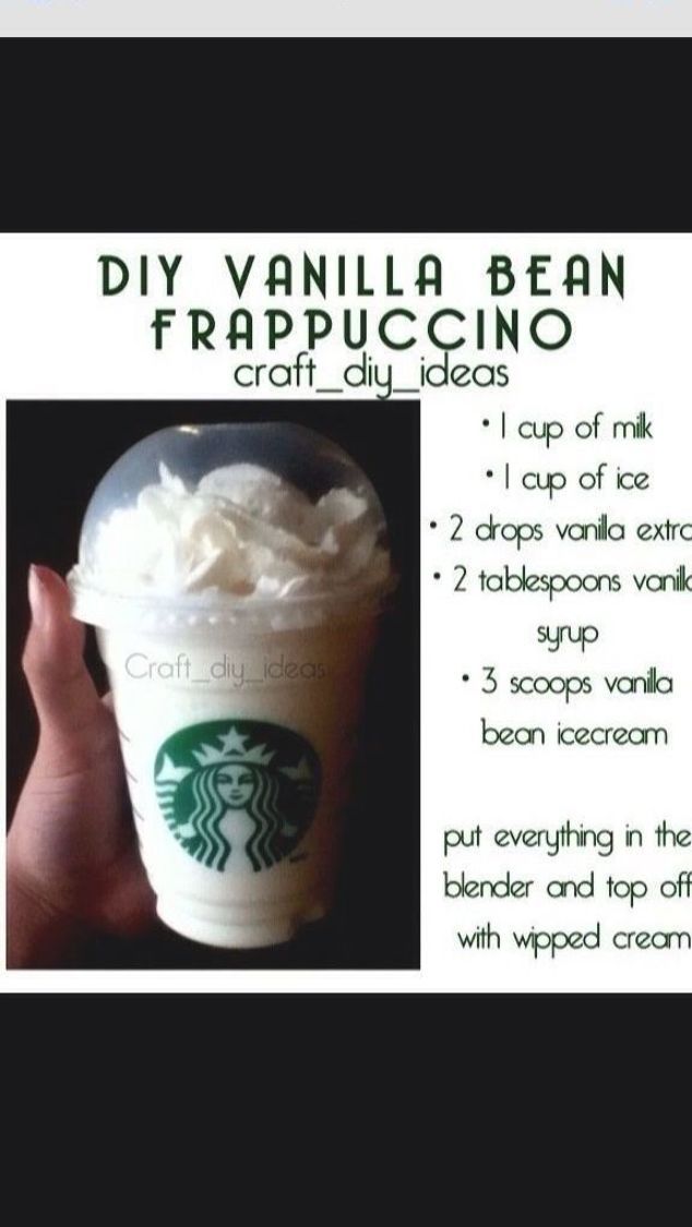 a cup of coffee with whipped cream in it and instructions for how to make vanilla bean frappuccino