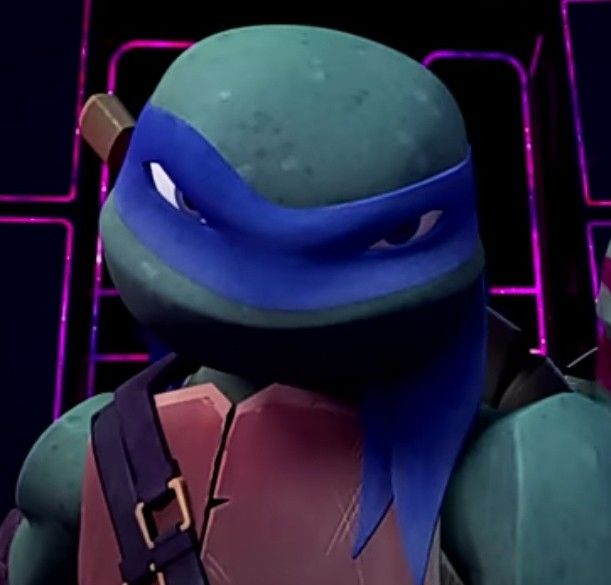 the teenage mutant ninja turtles are standing in front of purple neon lights and looking at each other