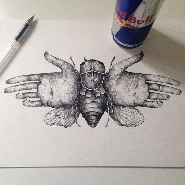 a drawing of two hands with a bee on it and a can of soda in the background