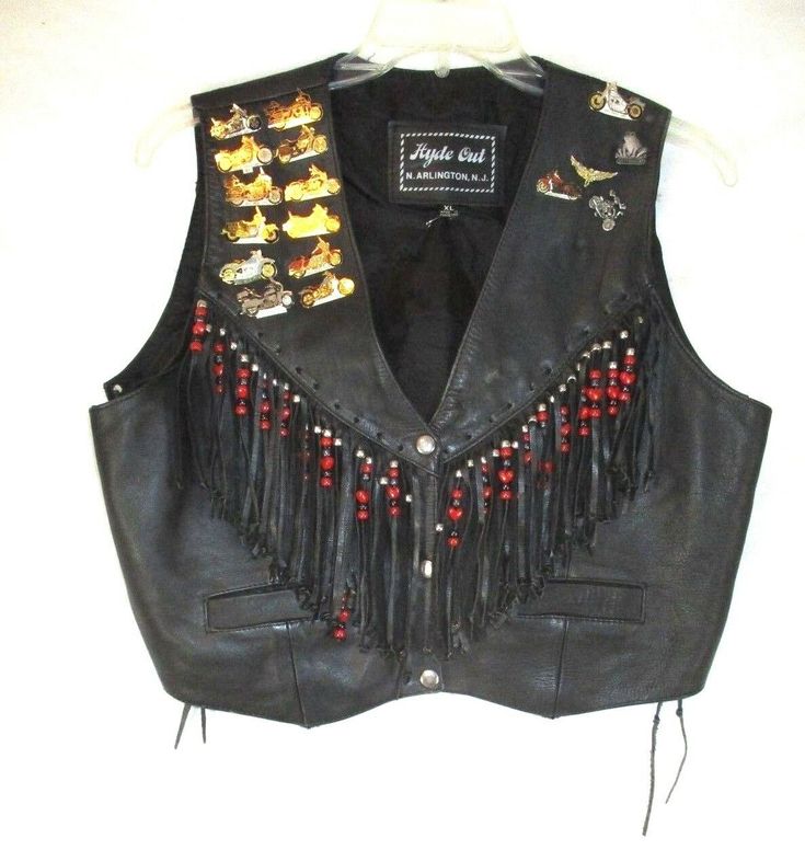 Hyde Out Womens Embellished Leather  Vest Fringe  Motorcycle Pins Black  Size XL  Sleeveless  AA460 Snap Front Beaded Fringe Laced Up Sides, see Photos Previously worn. Length  - 18" Armpit to armpit - 21" I will reduce shipping costs for multiple purchases paid with one PayPal payment.  There is no formula.  I will charge what it costs me to ship it to you.  If you make a multiple purchase, please wait to make payment until I send you an invoice for the combined purchase. Fringe Vest, Vest Fashion, Paypal Payment, Leather Vest, Beaded Fringe, Please Wait, Tank Top Fashion, Royalty, Lace Up