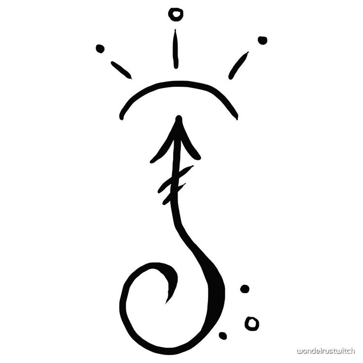 a black and white drawing of the letter s with an arrow in it's center