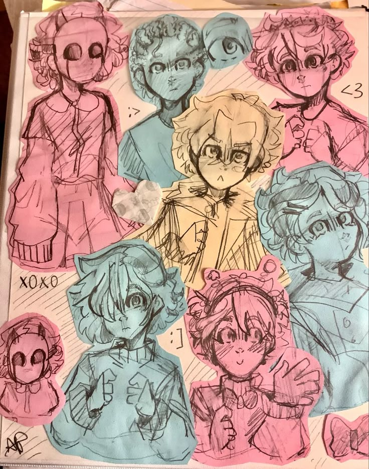 an image of some anime characters drawn in pencil and colored paper on top of a piece of paper