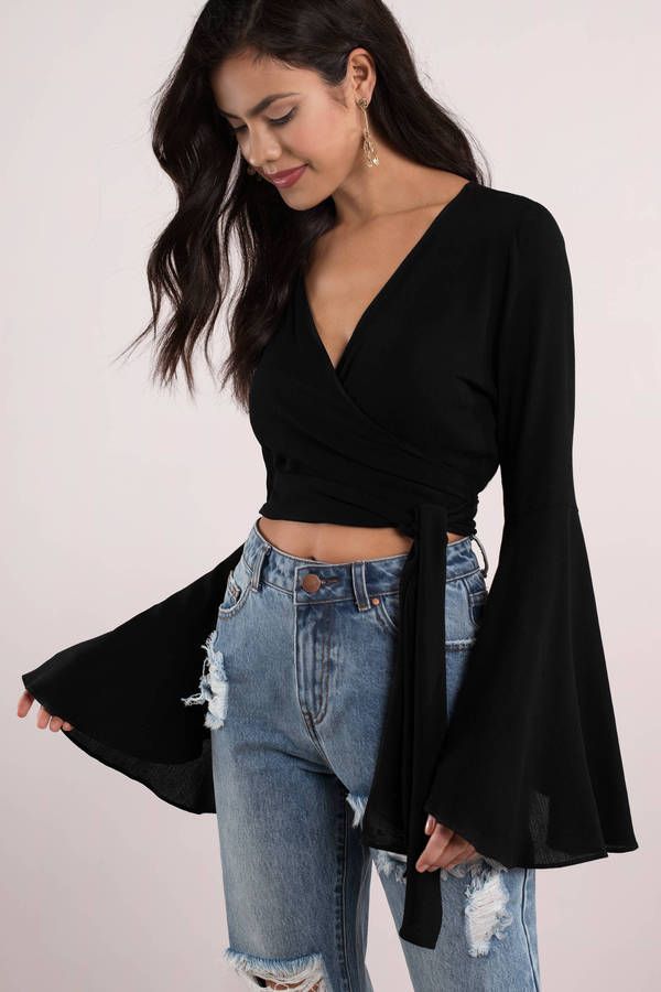 Looking for the Sleeve It To Me Cream Tie Crop Top? | Find Crop Tops and more at Tobi! - 50% Off Your First Order #shoptobi Long Sleeve With Jeans, Black Off Shoulder Top, Bell Sleeve Crop Top, Black Long Sleeve Crop Top, Crop Top Long Sleeve, Crop Top Long, Casual Skirt Outfits, Tie Crop Top, Black Crop Top