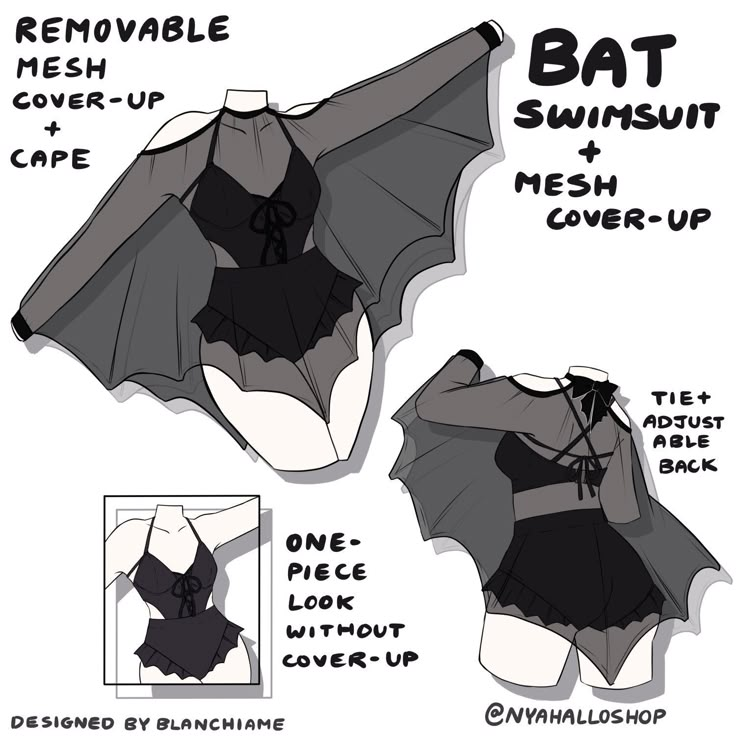 an image of the bat swimsuit with instructions to make it look like it has been cut