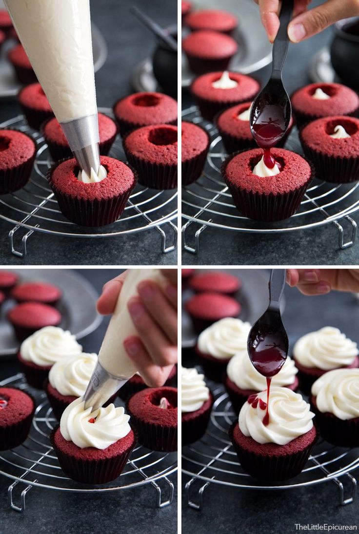 someone is decorating red velvet cupcakes with white frosting