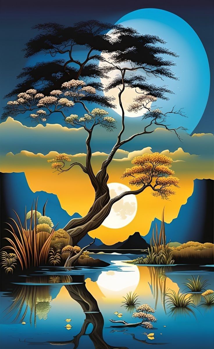 a painting of a tree in front of a lake with the moon rising behind it