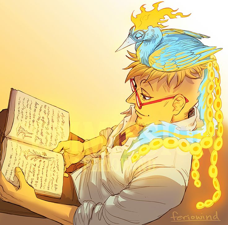 an anime character is reading a book with a bird on his head