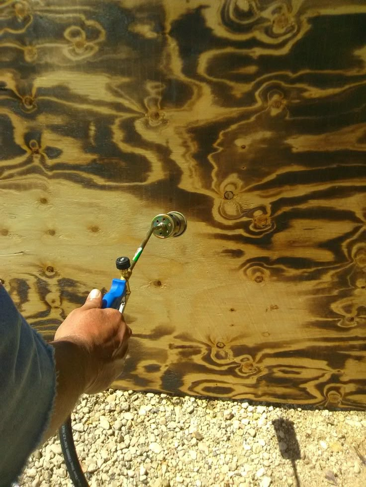 a person holding a blue and green toothbrush in their hand next to a piece of wood