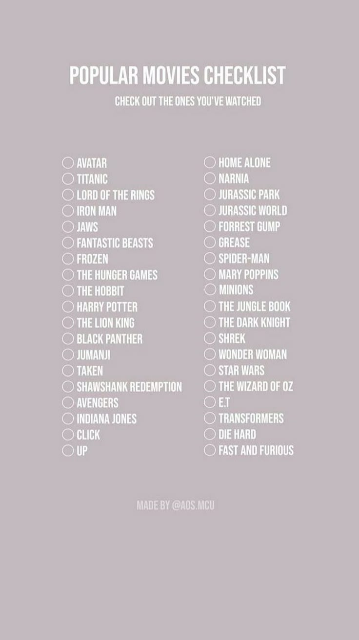 the popular movies checklist is shown on a gray background with white lettering and black font