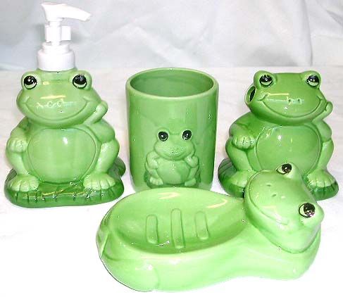 green frog bathroom accessories including soap dispenser, toothbrush holder and cup