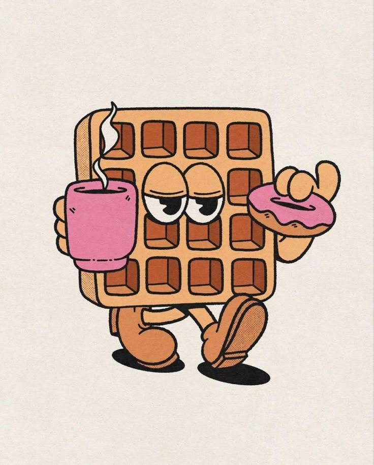 a waffle with a drink and donut on it's face is shown