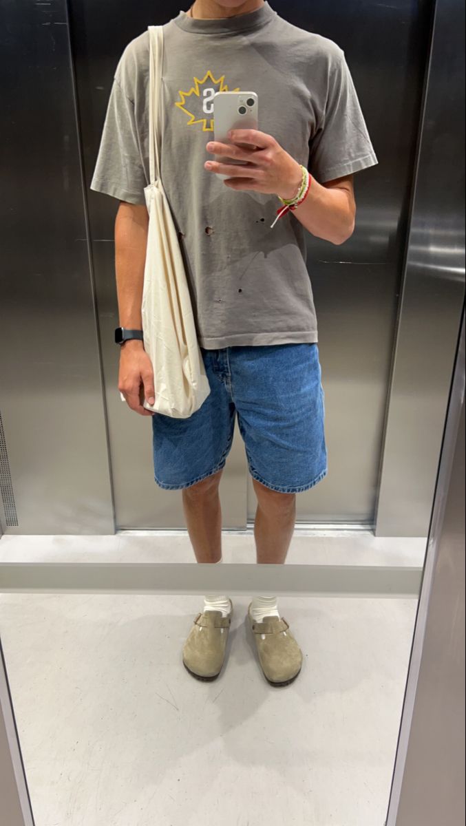 Birkenstocks With Jorts Men, Portugal Outfits Men, Men Fashion Aesthetic Summer, Guys Jorts Outfit, Surfer Guy Style Outfits, Men’s Jorts Fashion, Summer Men Fits, Utah Guy Style, School Outfits Boys