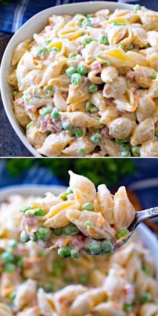 two pictures of macaroni salad with peas and cheese