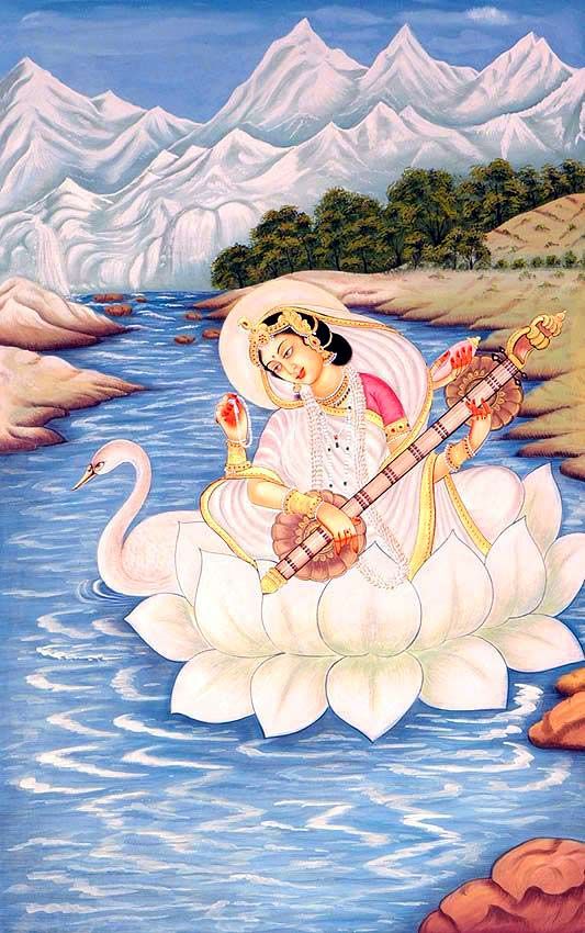 a painting of a woman sitting on top of a white swan with a guitar in her lap