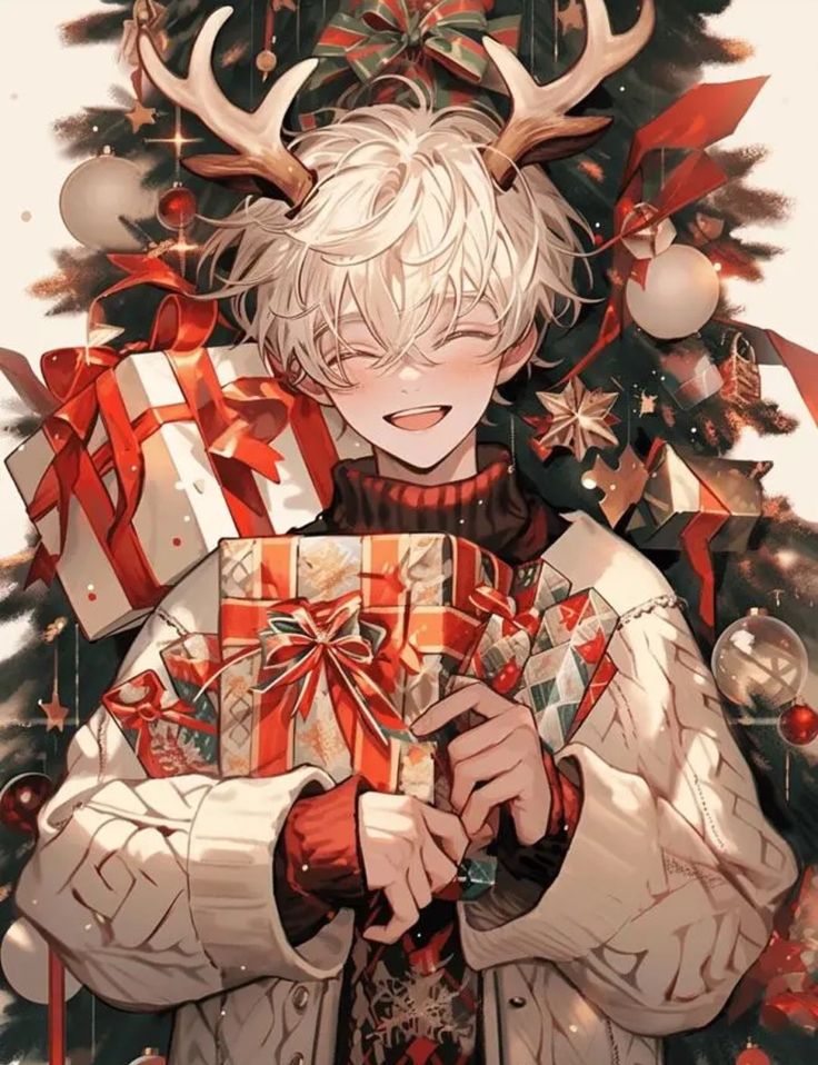 an anime character holding a present under a christmas tree with reindeer antlers on it