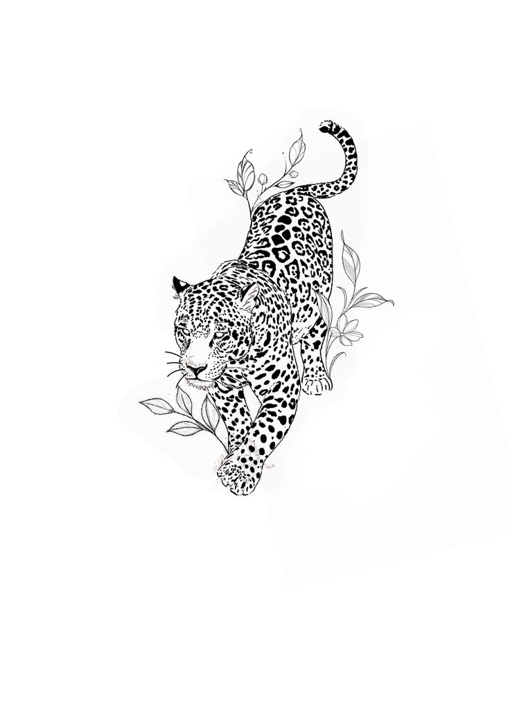 a black and white drawing of a cheetah on a tree branch with leaves