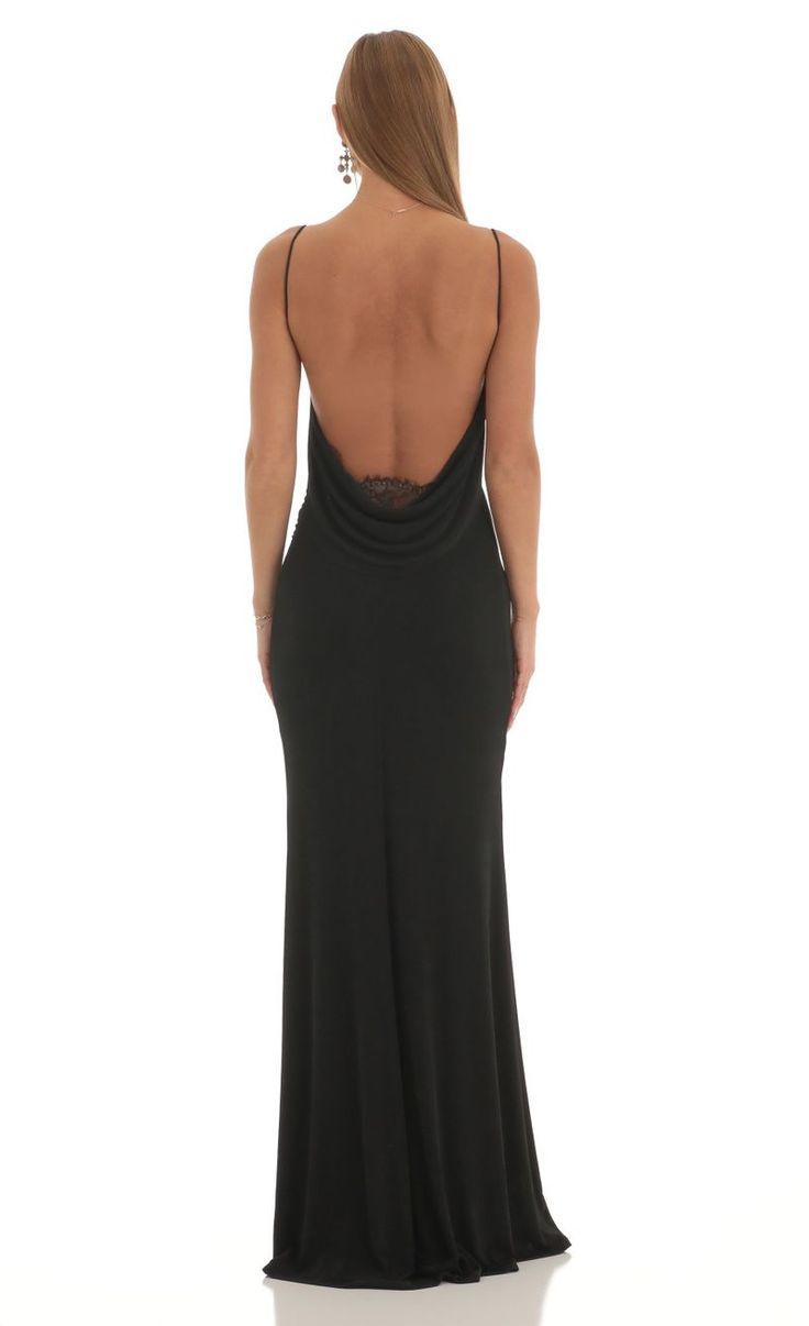 Lace Open Back Maxi Dress in Black | LUCY IN THE SKY Prom Dress Open Back Long, Black Backless Silk Dress, Scoop Back Prom Dress, Black Backless Prom Dresses, Open Back Black Dress Long, Back Less Prom Dress, Backless Dress Vintage, Long Black Fitted Dress Outfit, Long Dress With Open Back