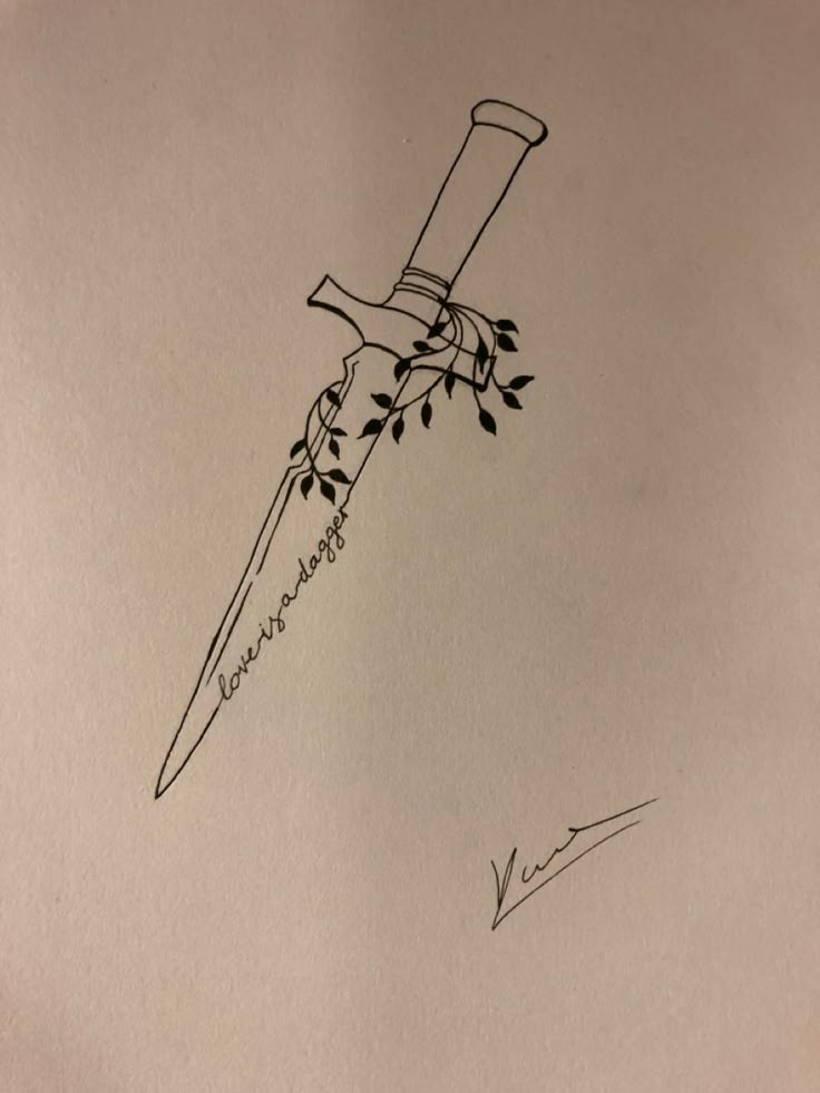 a drawing of a knife with vines on it's handle and the word love is written in cursive writing