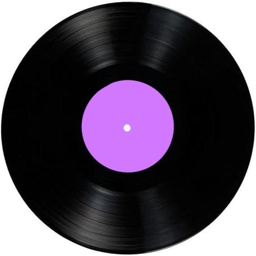 a black record with a purple disc in the center on a white background, it appears to be vinyl