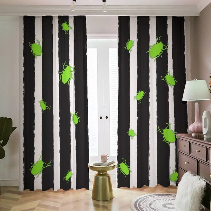 a living room with black and white striped curtains, green bugs on the window curtain