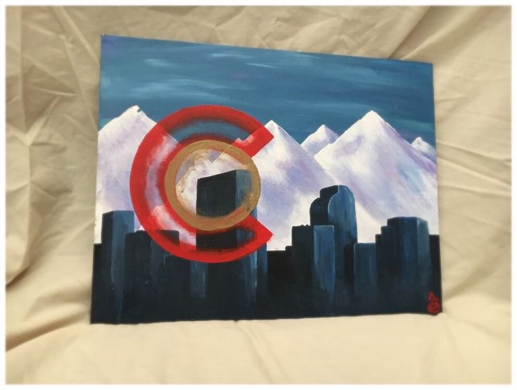 a painting on canvas of a city with mountains in the background and a red circle at the center