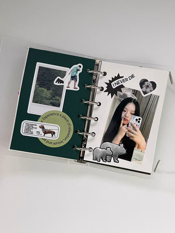 an open book with pictures and stickers on it