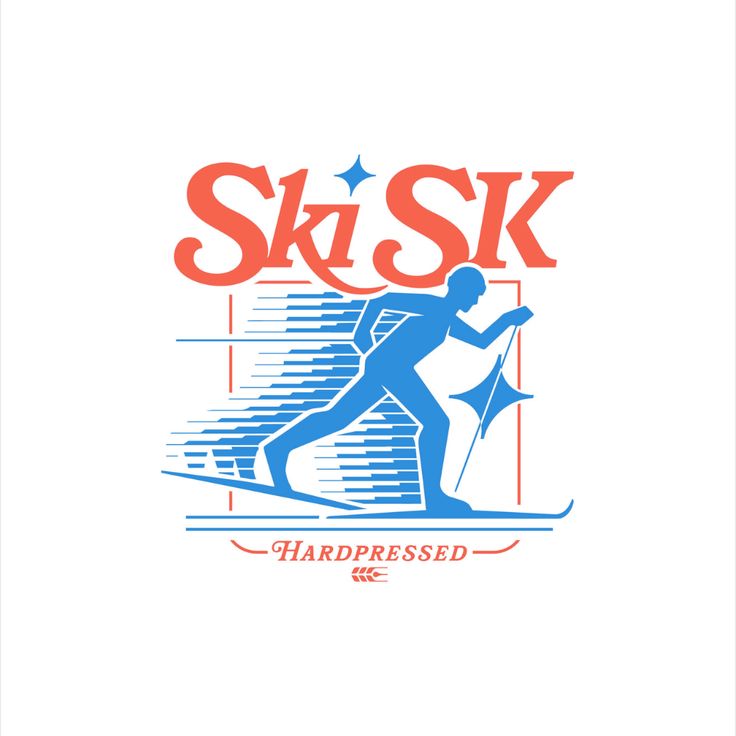 the ski logo is shown in red, white and blue with an image of a man skiing