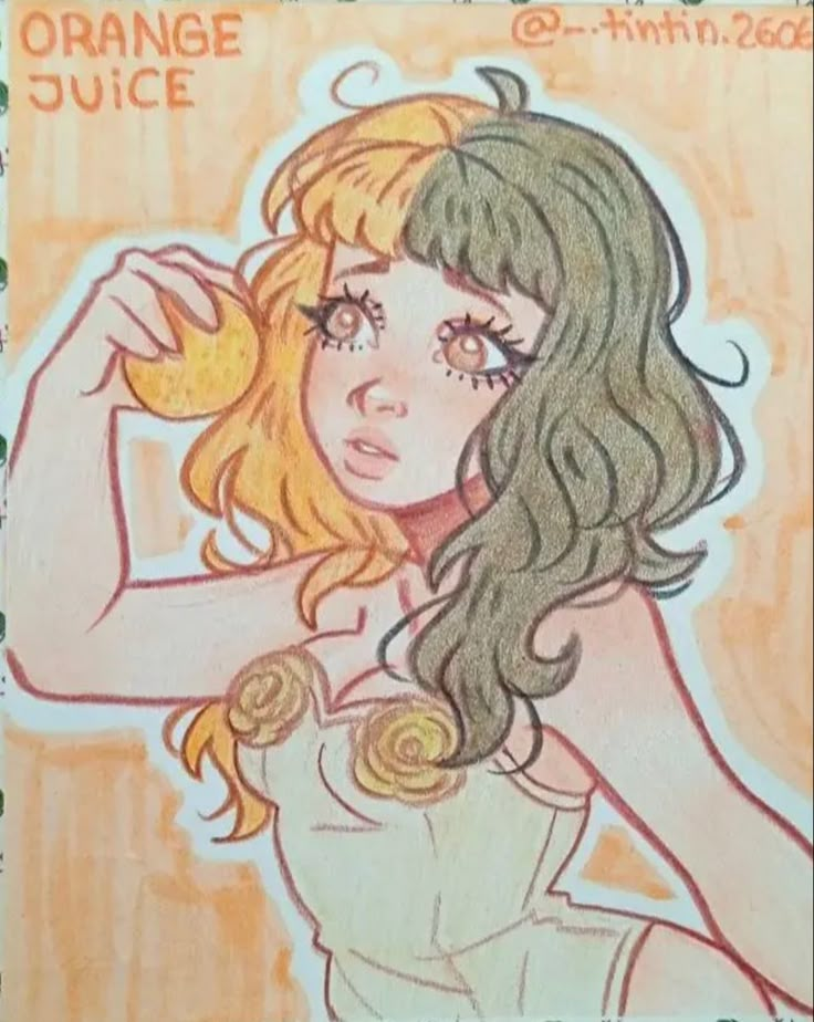 a drawing of a woman in a dress with orange juice on her face and hands behind her head