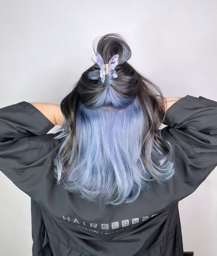 Blue Hair Underneath, Under Hair Dye, Periwinkle Hair, Under Hair Color, Blue Brown Hair, Hair Dyed Underneath, Sky Blue Hair, Baby Blue Hair, Blue Grey Hair