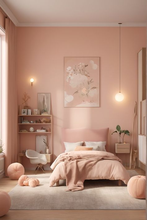 a bedroom with pink walls and white carpeted flooring is pictured in this image