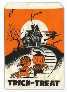 a trick or treat bag with an image of a house and pumpkins on it