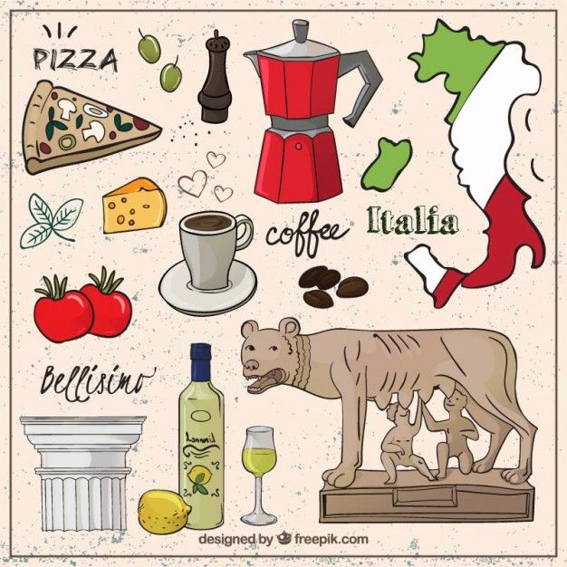 an image of italian food and drinks on a tablecloth with the words pizza, coffee, kahlua, bellini, melon